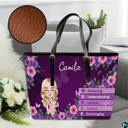 Studio display of Purple Floral Clinician Handbag resting on a sofa with inset detailing surface grain.