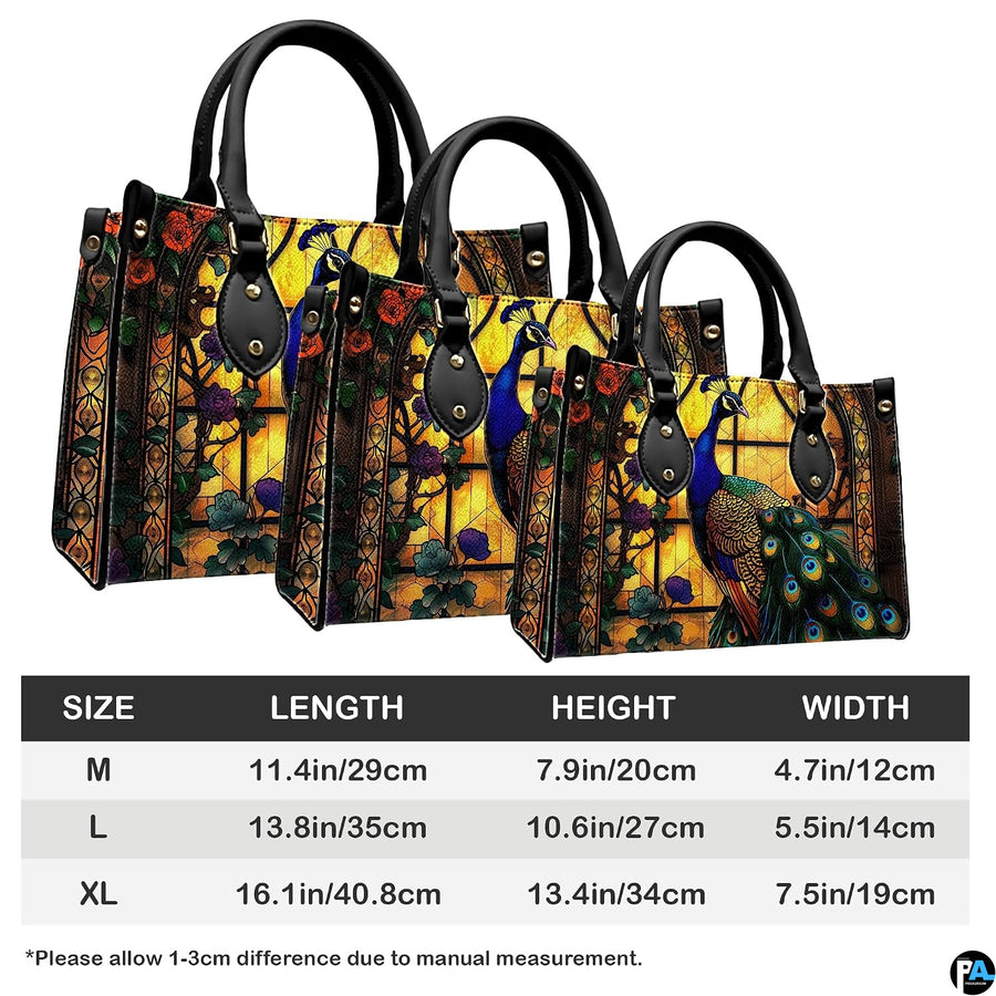 Three sizes of stained-glass-style peacock handbag