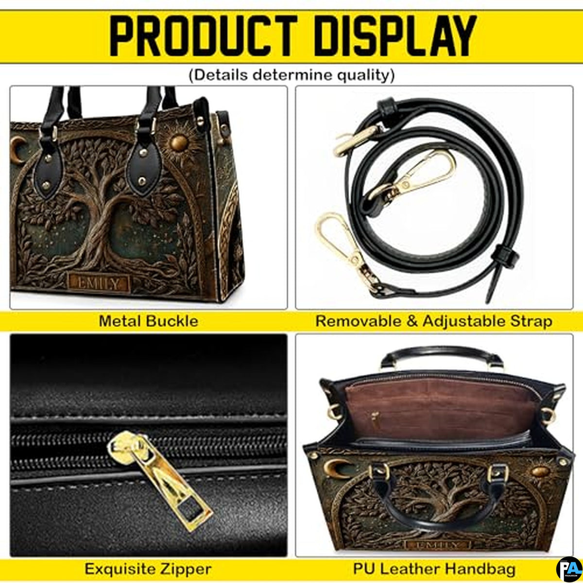 Personalized Animal Leather Handbag – Custom Name Flowers with 2D Print with 3D Effect – Gift for Gramma, Mom, Daughter