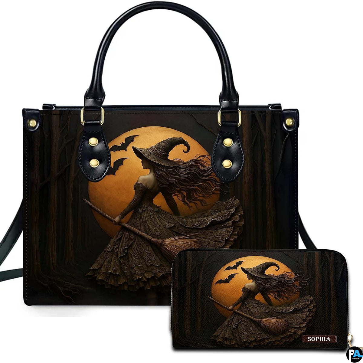 Gothic autumn witch broomstick handbag and matching wallet set on white background.