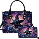 Studio presentation showing floral witch cat artwork alongside matching companion accessory on white surface.