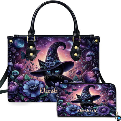 Studio presentation showing floral witch cat artwork alongside matching companion accessory on white surface.