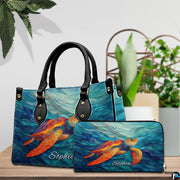 Lifestyle model display showing the mosaic sea turtle handbag carried over the shoulder.
