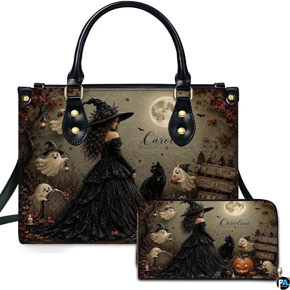 Dark gothic witch art accessory and matching companion piece displaying sorceress in black ballgown among graveyard ghosts.