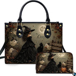 Dark gothic witch art accessory and matching companion piece displaying sorceress in black ballgown among graveyard ghosts.