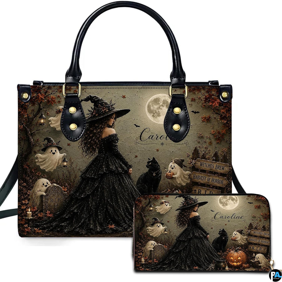Dark gothic witch art accessory and matching companion piece displaying sorceress in black ballgown among graveyard ghosts.