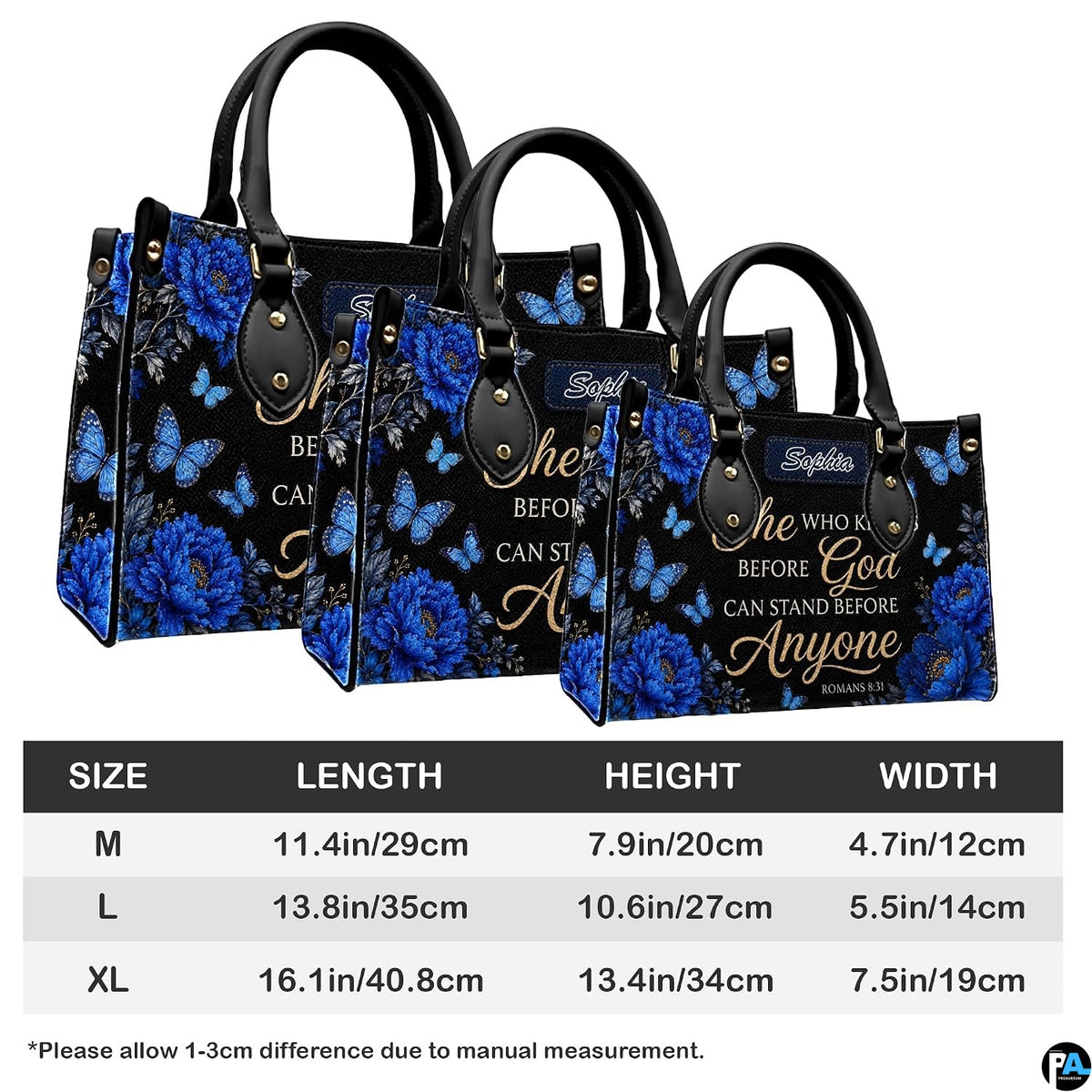 Lifestyle display showing royal blue peony handbag paired with matching coordinating wallet.