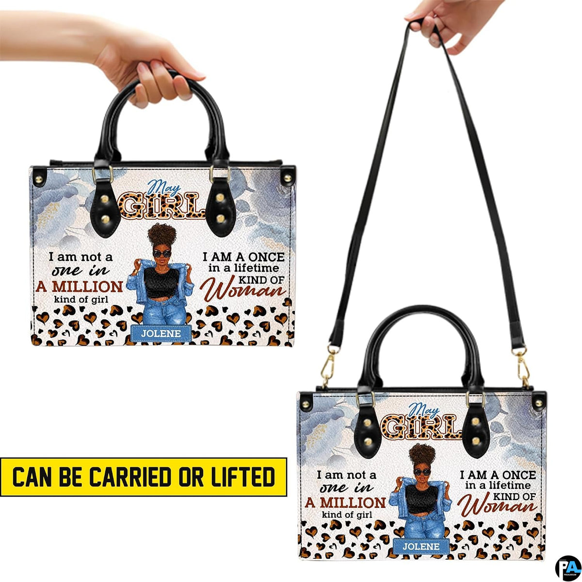 Visual demonstration displaying handheld and shoulder suspension configurations of afro puff art accessory.