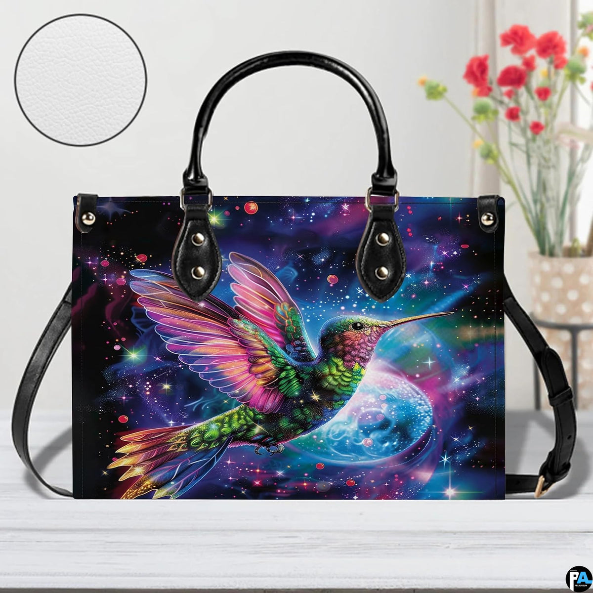 Handbag displayed in indoor setting with floral arrangement and circular texture close-up inset.