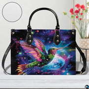 Handbag displayed in indoor setting with floral arrangement and circular texture close-up inset.