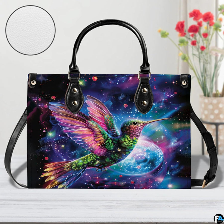 Handbag displayed in indoor setting with floral arrangement and circular texture close-up inset.