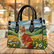 Perspective view highlighting bright yellow floral meadow and orange tabby cat illustration.