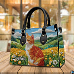 Perspective view highlighting bright yellow floral meadow and orange tabby cat illustration.