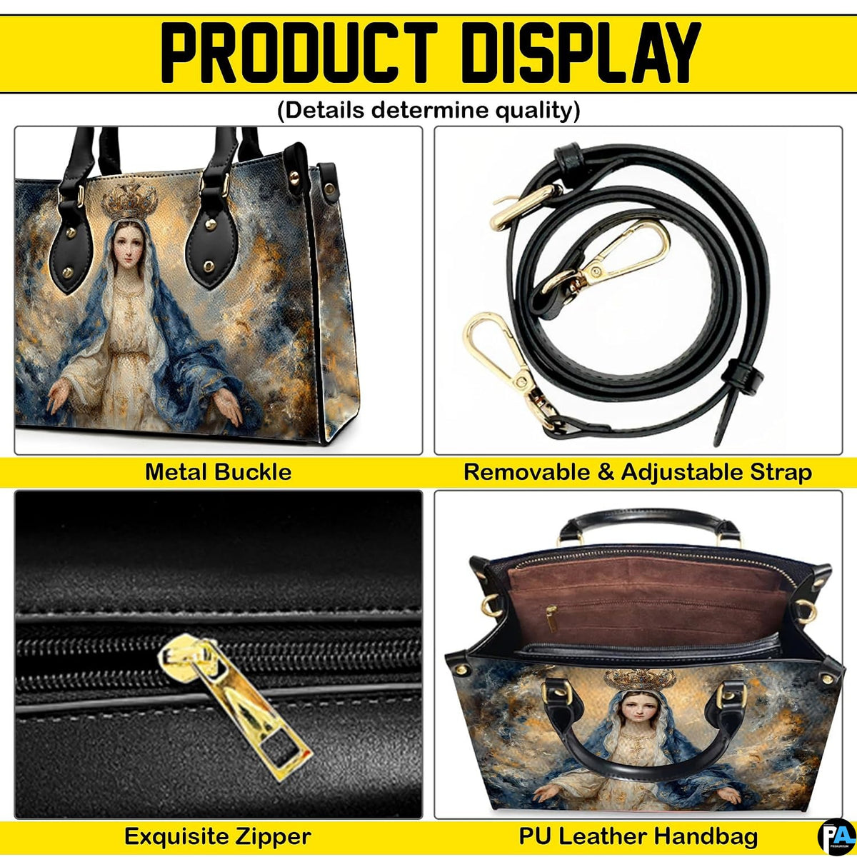 Product display overview showing top handles, shoulder strap, zipper, and interior