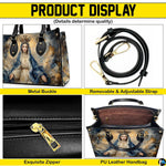 Product display overview showing top handles, shoulder strap, zipper, and interior