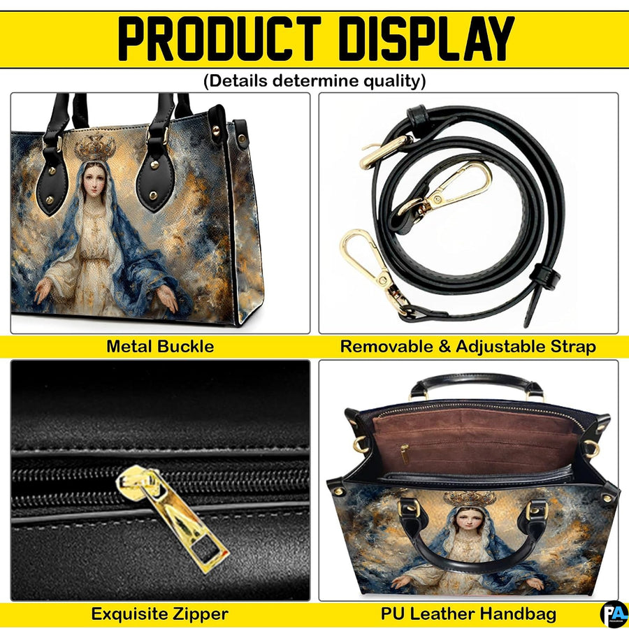 Product display overview showing top handles, shoulder strap, zipper, and interior