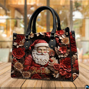 Side perspective view of Christmas Santa purse highlighting structured silhouette and carry handles.