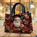 Side perspective view of Christmas Santa purse highlighting structured silhouette and carry handles.