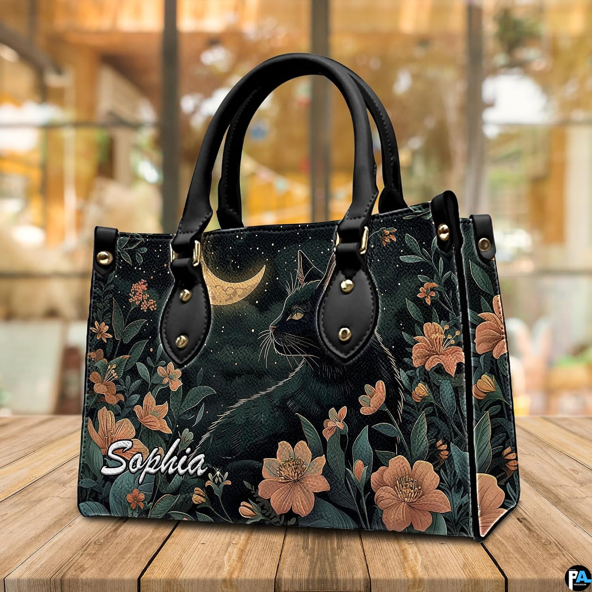 Perspective view highlighting starry nocturnal sky and peach botanical blossoms.
