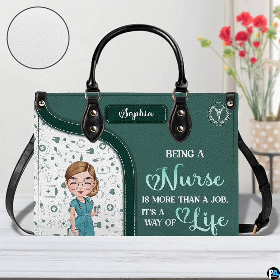 Angled perspective showing green nurse artwork and medical doodle panel on handbag