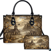 Haunted church art depicting a gothic chapel and pumpkin trees presented across an accessory pairing.