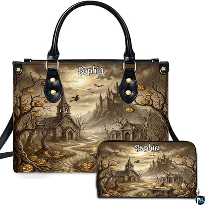 Haunted church art depicting a gothic chapel and pumpkin trees presented across an accessory pairing.