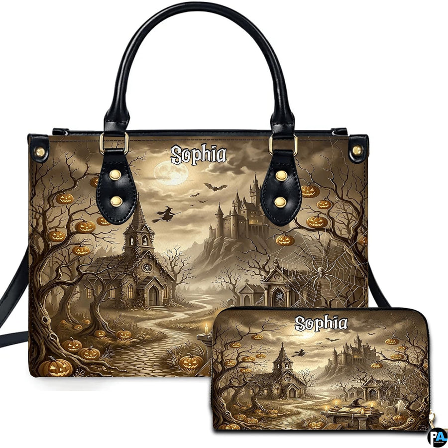 Haunted church art depicting a gothic chapel and pumpkin trees presented across an accessory pairing.