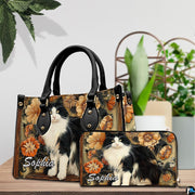 Tuxedo cat painting visual showcase featuring seated feline graphic alongside matching botanical print accessory.