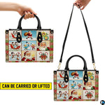 Carrying options display showing handheld carry and shoulder strap wear for vintage holiday handbag