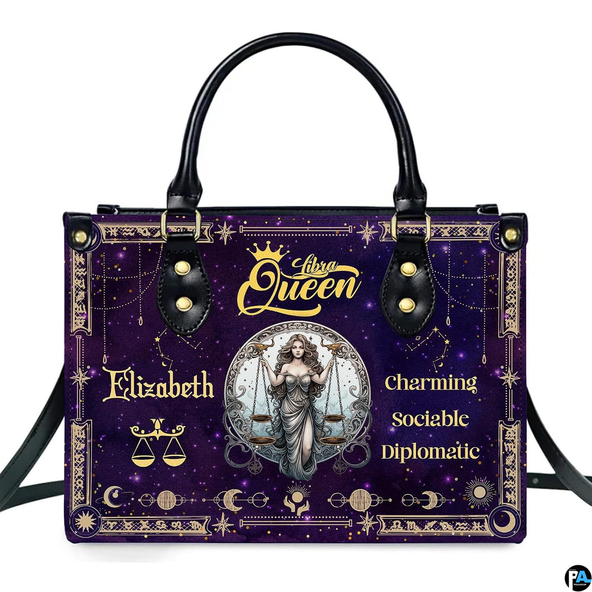 Front studio view of Celestial Scales Satchel Handbag on clean white background.