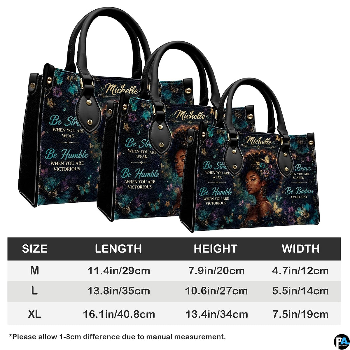 Measurement chart with butterfly portrait handbags in three sizes