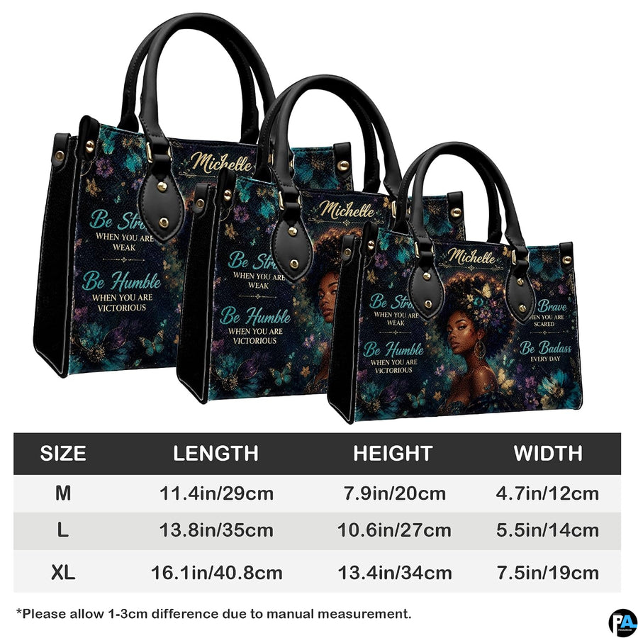 Measurement chart with butterfly portrait handbags in three sizes