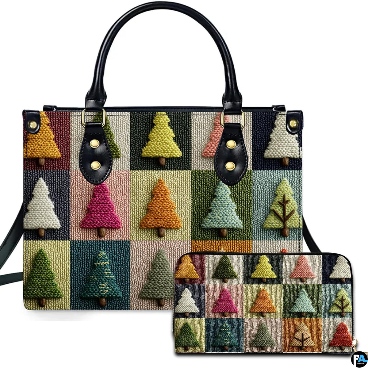 Studio isolated view of colorful patchwork holiday tree pattern print on white background.