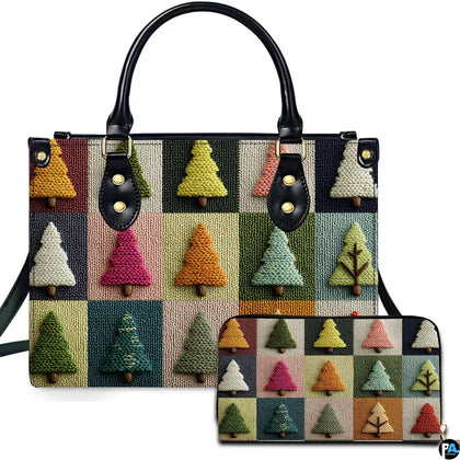 Studio isolated view of colorful patchwork holiday tree pattern print on white background.