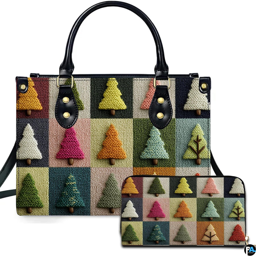 Studio isolated view of colorful patchwork holiday tree pattern print on white background.