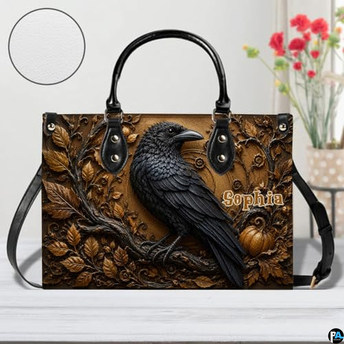 Personalized Halloween Gothic Leather Handbag Custom Raven Black Cat Purse Dark Fantasy Shoulder Bag Gift for Women