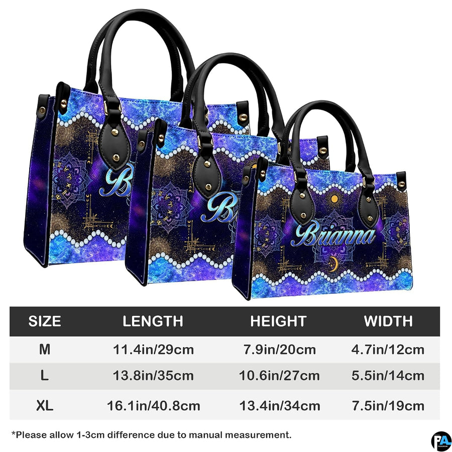 Measurement table depicting three scale choices for the Celestial Mandala Satchel Handbag.