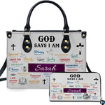 Scripture affirmation collage handbag and wallet set displayed together.