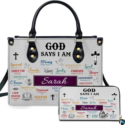 Scripture affirmation collage handbag and wallet set displayed together.