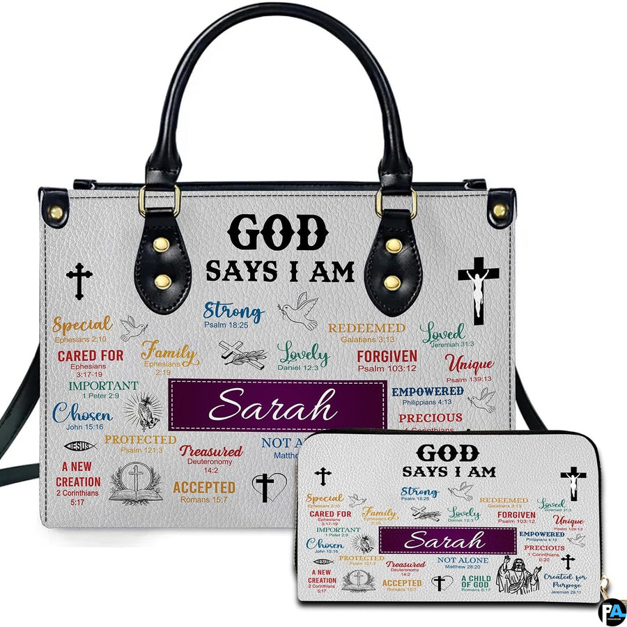 Scripture affirmation collage handbag and wallet set displayed together.