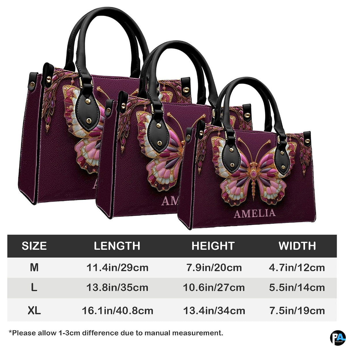 Three quarter view of structured butterfly handbag and matching companion accessory