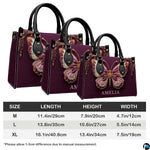 Three quarter view of structured butterfly handbag and matching companion accessory