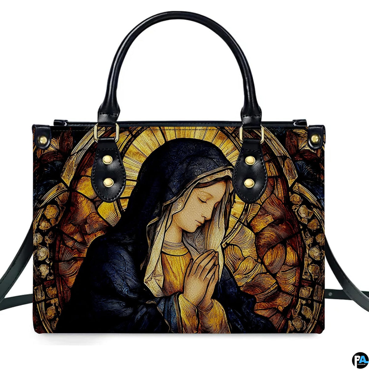 Front perspective of handbag featuring praying Virgin Mary within an amber stained glass arch