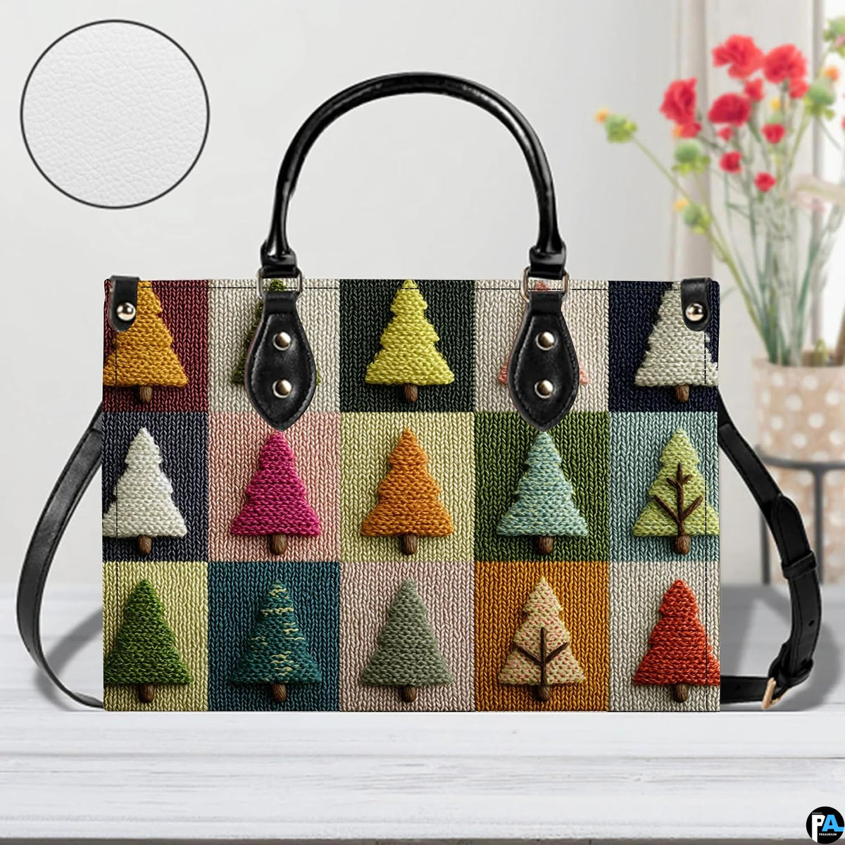 Sunlit interior setting highlighting patchwork holiday tree print with circular texture close-up.