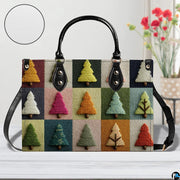 Sunlit interior setting highlighting patchwork holiday tree print with circular texture close-up.