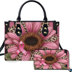 Pink sunflower art accessory highlighting leopard petals and pink ribbon alongside matching companion piece.