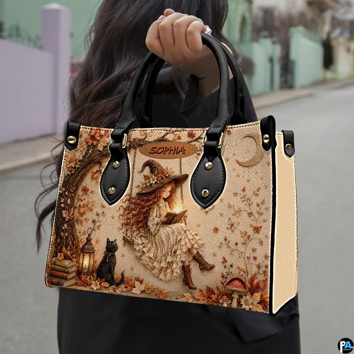 Lifestyle view of woman holding autumn witch satchel on shoulder while standing outdoors on street.
