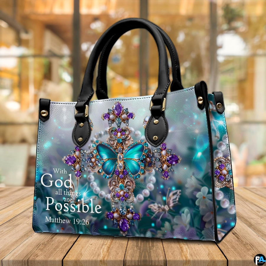 Perspective view of the jeweled cross handbag set against a bright interior cafe setting
