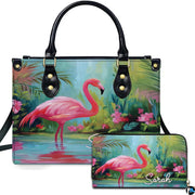 Tropical botanical flamingo handbag and matching wallet set with wading flamingo and jungle palms.