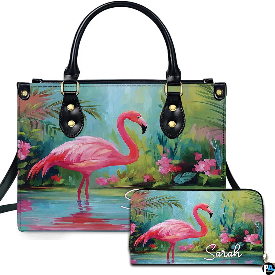 Tropical botanical flamingo handbag and matching wallet set with wading flamingo and jungle palms.
